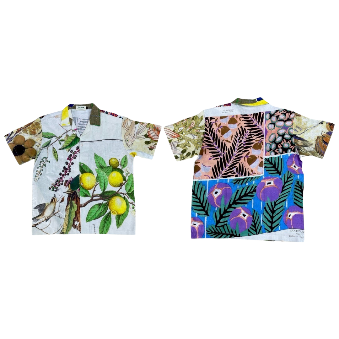 《SNUK》【Limited 限量】Thai Handmade Indigo Dyed Art Painting Natura Linen Shirt檸檬麻雀拼畫