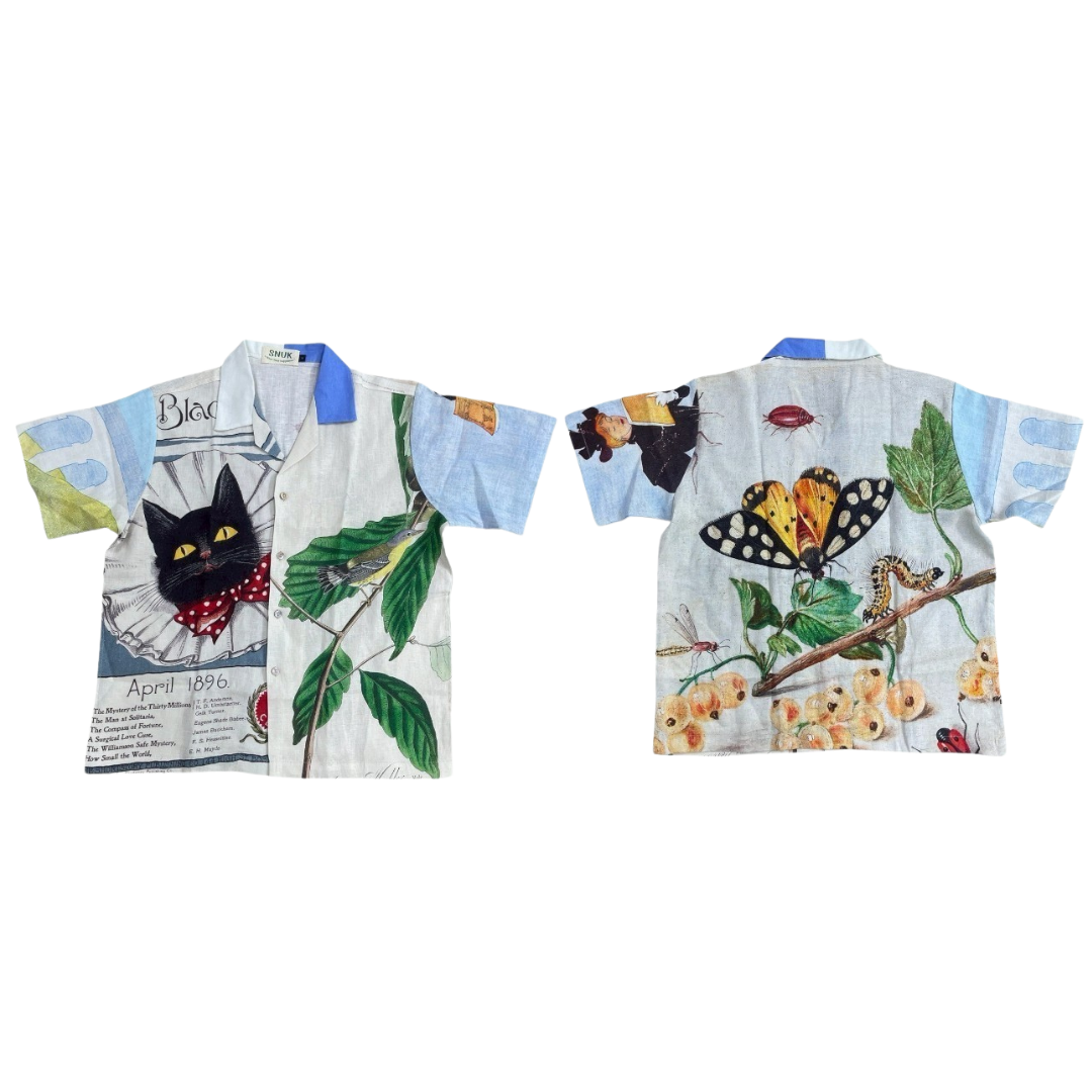 《SNUK》【Limited 限量】Thai Handmade Indigo Dyed Art Painting Natura Linen Shirt   黑貓麻雀拼畫