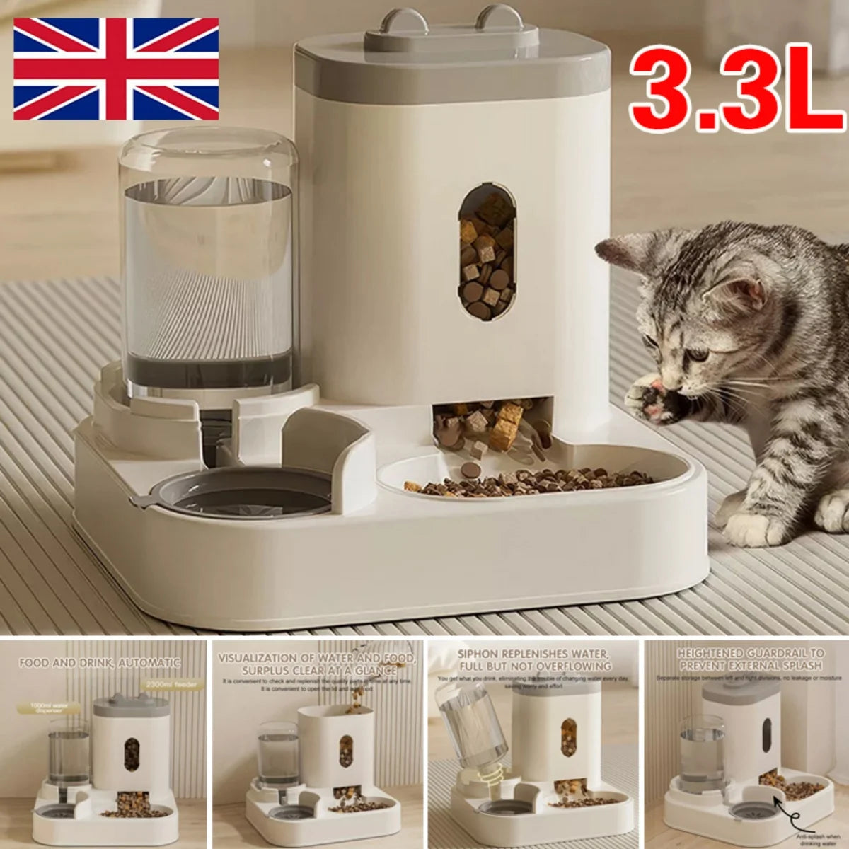 2In1 Pet Auto Food Feeder For Cat & Dog With Water Fountain Drink Bowl 3.3L